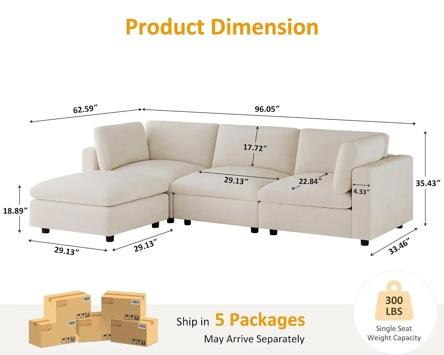 Large L-Shape Modular Sectional Sofa, Chenille Beige Upholstery, Living Room, Customized