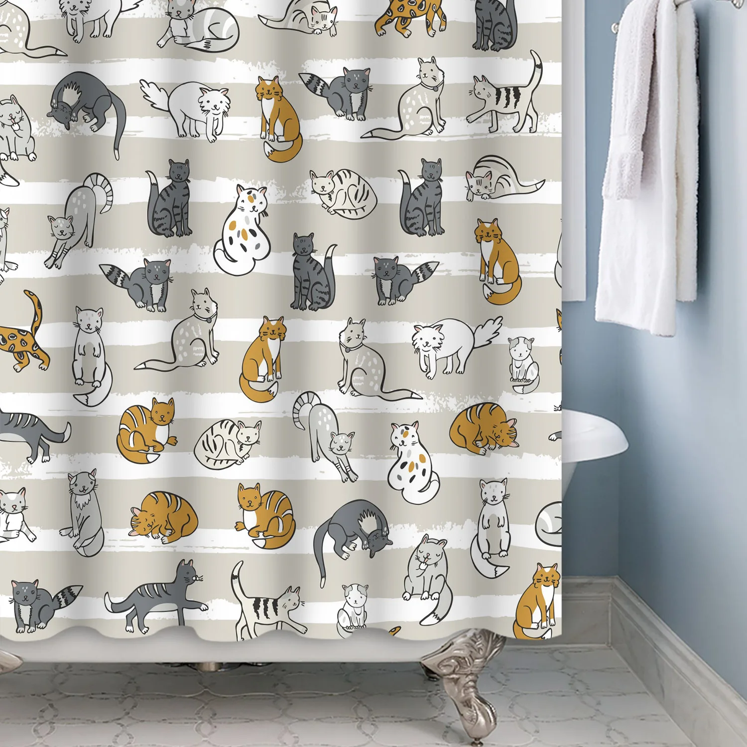 Cute Cat Pattern Shower Curtain Multifunctional Bathroom Partition Curtain Bath Decoration Waterproof Hanging Curtain With Hooks