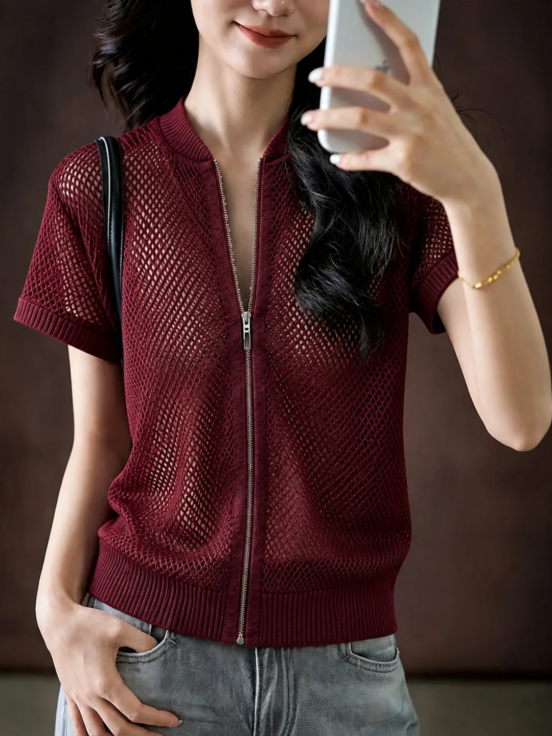 Fashionable Zipper Knitwear Short Sleeve Hollow out Versatile New Autumn 2026 Korean Style Yarn Casual Commute Soft Fabric
