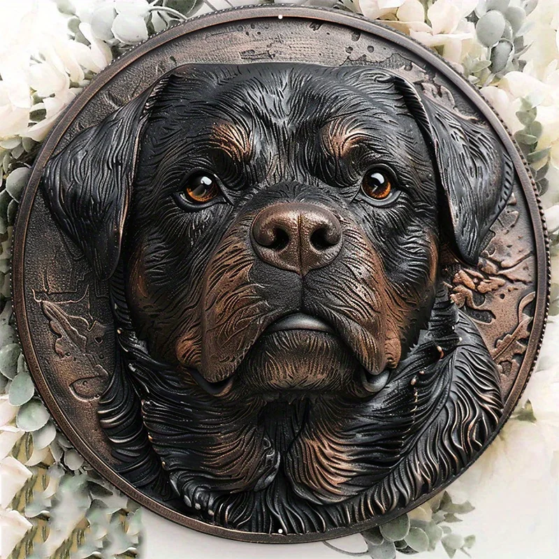 Large Round Aluminum Metal Sign, Decorative Rottweiler Dog Sculpture, Resin Coated, Door Hanger, Wall Art, Home Decor, 8x8in 1PC