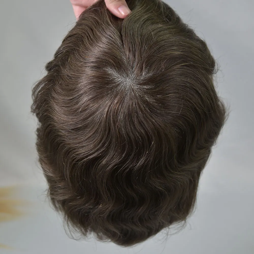 Men's European Human Hair Toupee 4# Medium Brown 7x9 10x8 6 Inch 32mm Waves 120% Density French Lace & PU Base