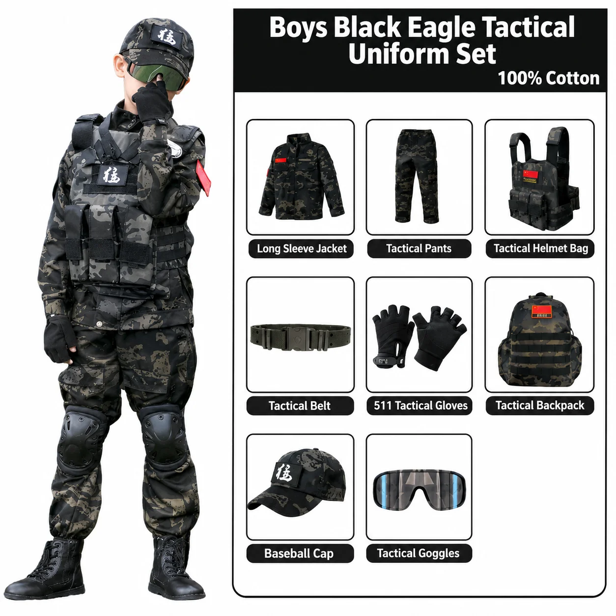 Military Camouflage Uniform Set Boys Girls Special Forces Training Costume Cotton Outdoor Tactical Combat Clothing