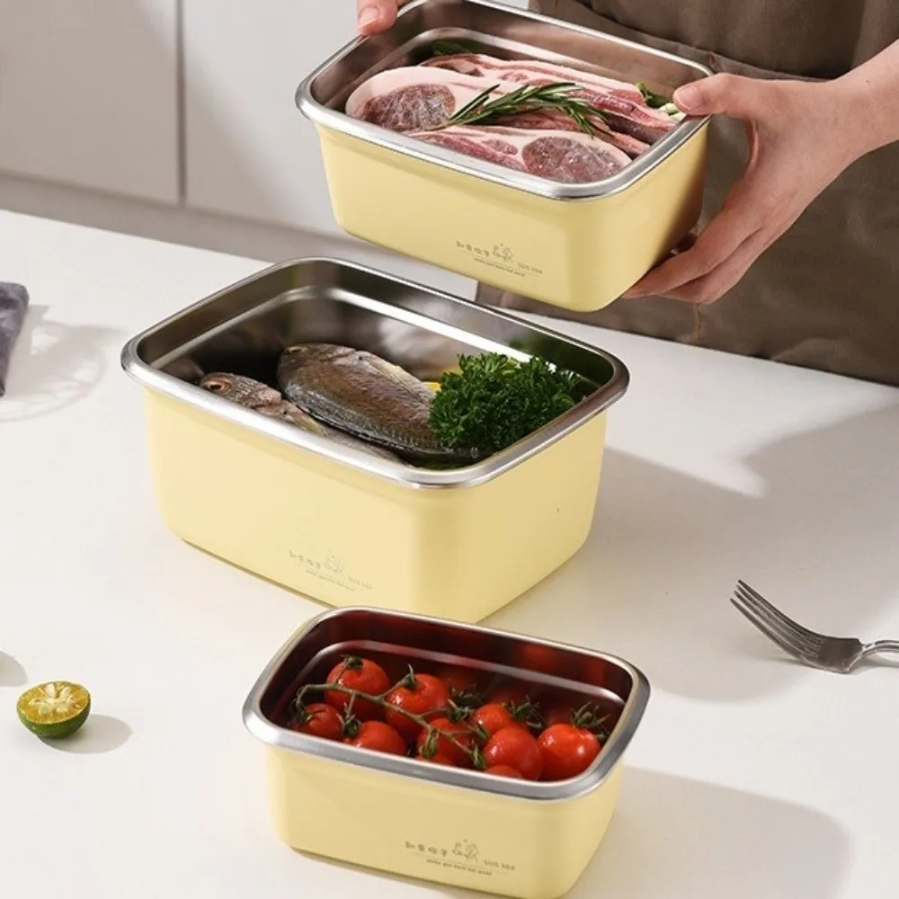 

Premium Square Stainless Steel Lunch Box Cream Style with Handle Air Exhaust Crisper Airtight Vegetable Crisper Picnic