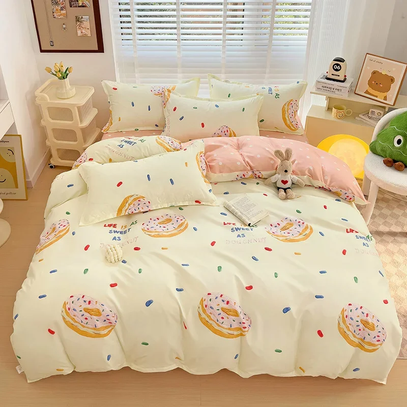 Cute Donut Print Duvet Cover Dessert Theme Comforter Cover Lovely Cartoon Food Bedding Set 3 Pcs Soft Reversible Bedspread Cover