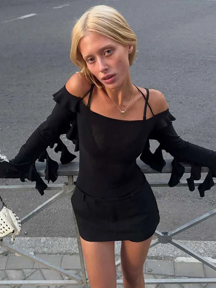 

Weird Puss Sexy See Through Crop Tops Women Ruffles Tassel Long Sleeve Halter Lace-Up Mesh Wild Stretch Music Festival Clubwear
