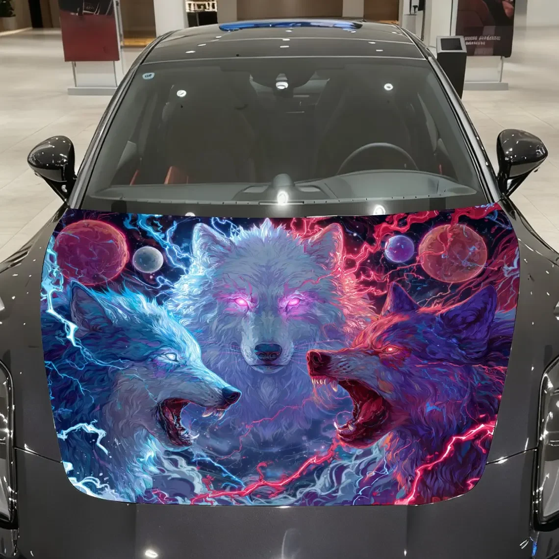 Colorful Lightning Three Wolves Car Vinyl Wrap, PVC Material Waterproof Car Hood Sticker, Self-Adhesive Scratch-Resistant Sticke