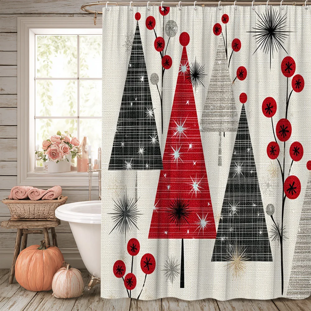 1pc Christmas Shower Curtains  Holiday Tree and Berry Pattern Bathroom Decor Tub Divider Hanging Curtain Set 70.8x70.8 Inch with