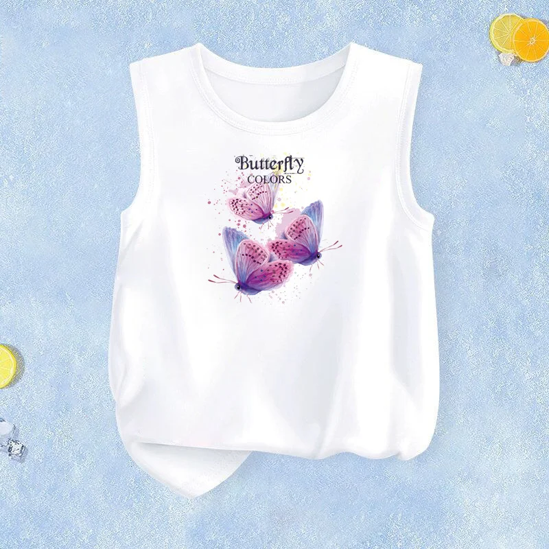 2026 Girls Round-Neck Casual Vests Fashion Butterfly Summer Cottons Tank Tops Baby Girls Loose Fit Sleeveless T-Shirt 3-14T