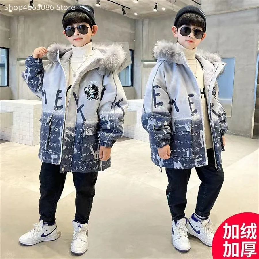 2023 Children Down 4 5 6 7 8 9 10 12 14 Years Winter kids Outerwear Boys Casual Warm Hooded Jacket for Boys letter print Coats