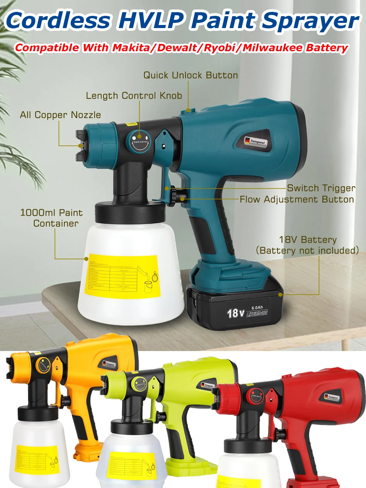 

Бескорудный распылитель краски для батареи Makita/Dewalt/Milwaukee/Ryobi 200W 39000RPM/MIN Бескорудный мотор HVLP Пистолет распылителя краски для шкафов Автомобили Стены Мебель Дом Картина 40 DIN/sec 1600 мл/мин С 4 заменными соплами 1000ML Контейнер