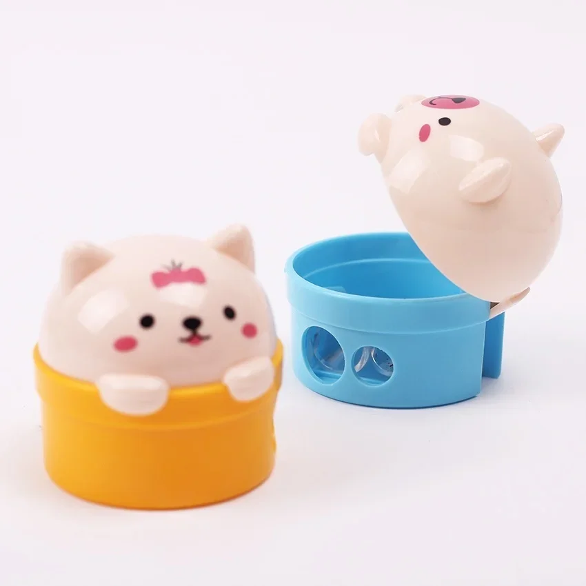 2PC Stationery Double Holes Pencil Sharpener Cartoon Cat and Bear Plastic   for Kids Student School Color Set