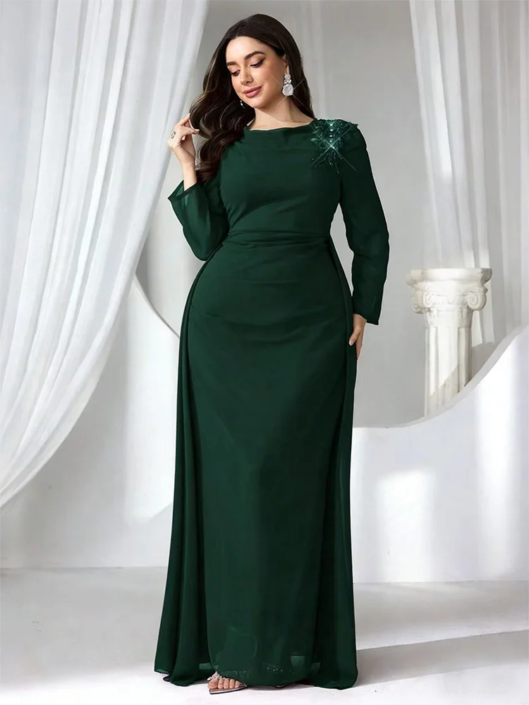 プラスサイズ-長袖-シフォン-アプリコット色のイブニングドレス-結婚式やパーティーに-4xl-5xl-プラスサイズ-エレガントなイブニングドレス-女性用