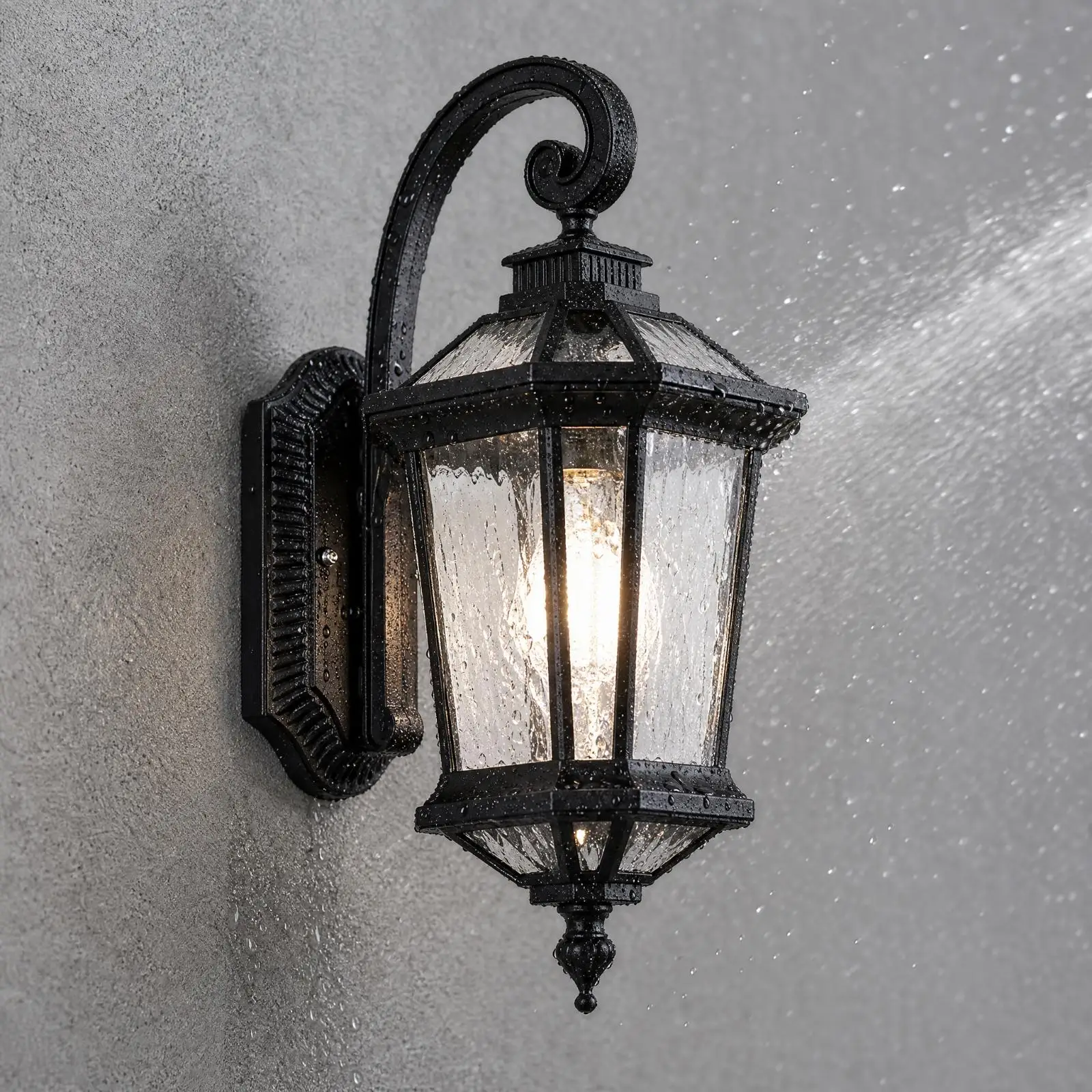 Black Aluminum Outdoor Wall Lantern European Style Curved Arm Sconce Clear Glass IP65 Weather Resistant for Garden Entryway