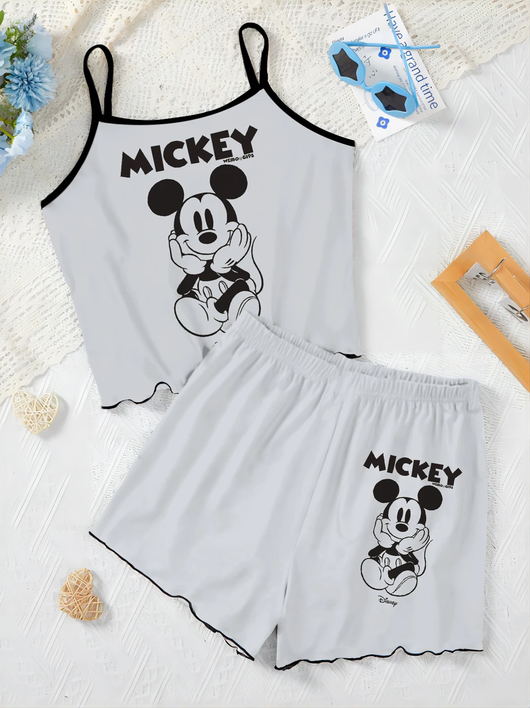 Top Pajama Skirt T-shirt Mickey Minnie Mouse Short Sets for Women 2 Pieces Home Dress Disney Lettuce Trim Elegant Women's Suit