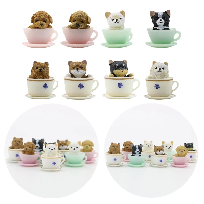 8 pezzi Teacup cani gatti ornamenti Mini animali fata giardino figurine accessori