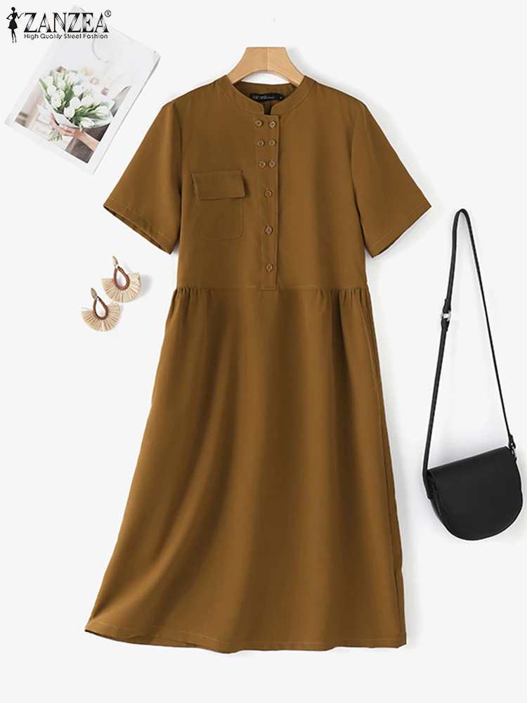 

ZANZEA Summer Vintage Solid Dress Women O Neck Short Sleeve Midi Vestidos Baggy Robe Femme Elegant Wok Party Sundress Oversize