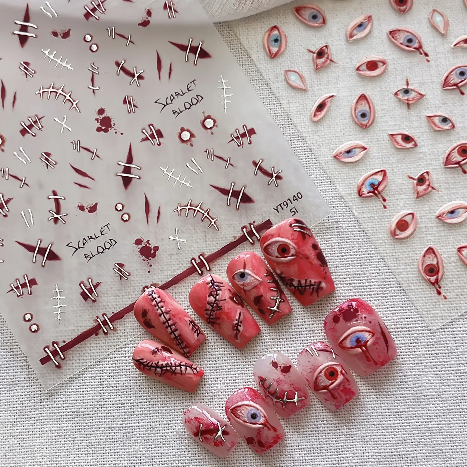 5D Spooky Halloween Bloody Eyeball Wound Suture Nail Stickers Stitch Scar Drip Eye Horror Cosplay Decals Manicure Suppliers