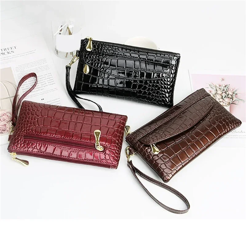 Women Crocodile Grain PU Leather Long Wallet Clutch Purse Portable Wristlet Handbag Multi Card Slots Ladies Phone Wallet Bag