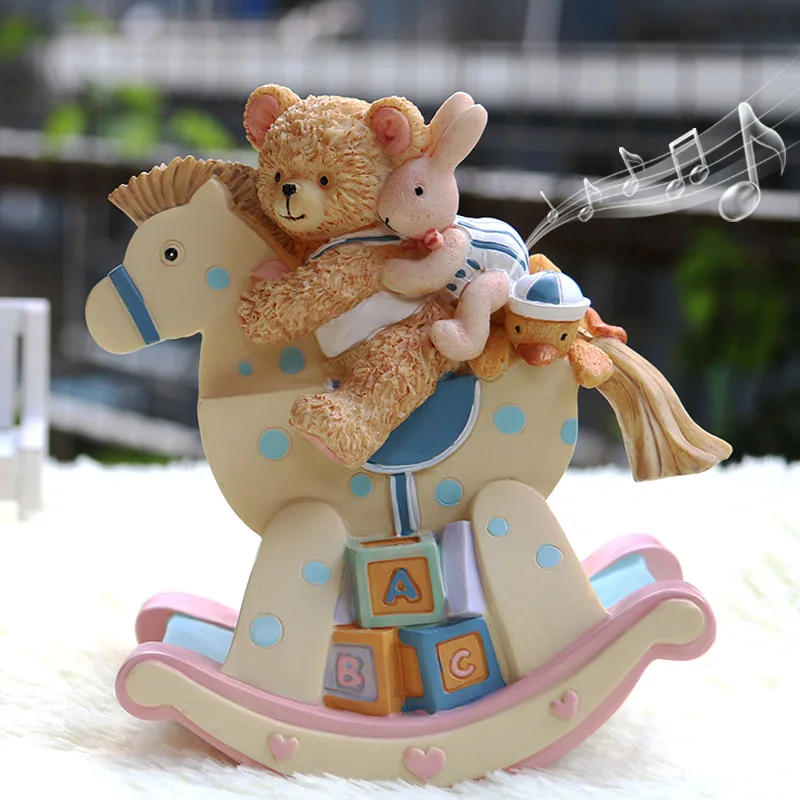 Cute bear rocking horse music box. Bunny Trojan Music Box. Holiday birthday gift, healing table decoration