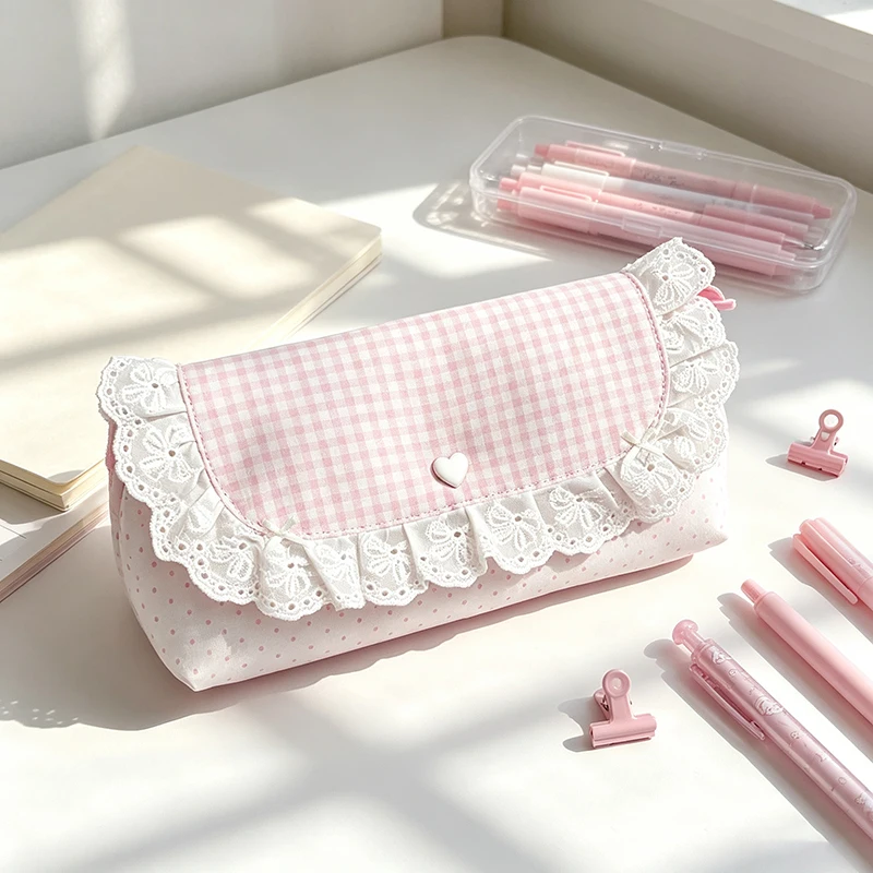Cute Pink Plaid Pencil Case Lace Bow Large-capacity Cosmetic Bagsweet Style Girls Student Flip Pencil Case Stylish Purse Wallet