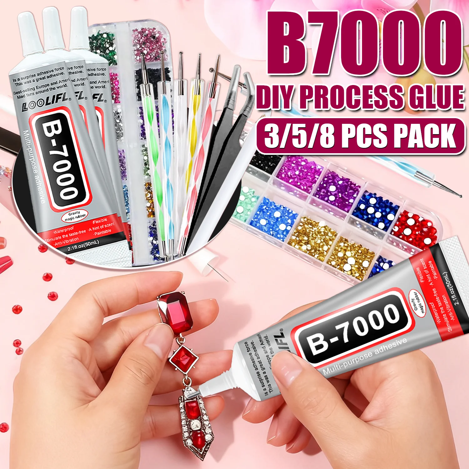 LOOLIFL B-7000 25ml Clear Glue + Nail Art Rhinestone Tools - Precise Tip Adhesive for DIY Manicure, Jewelry & Craft Repairs
