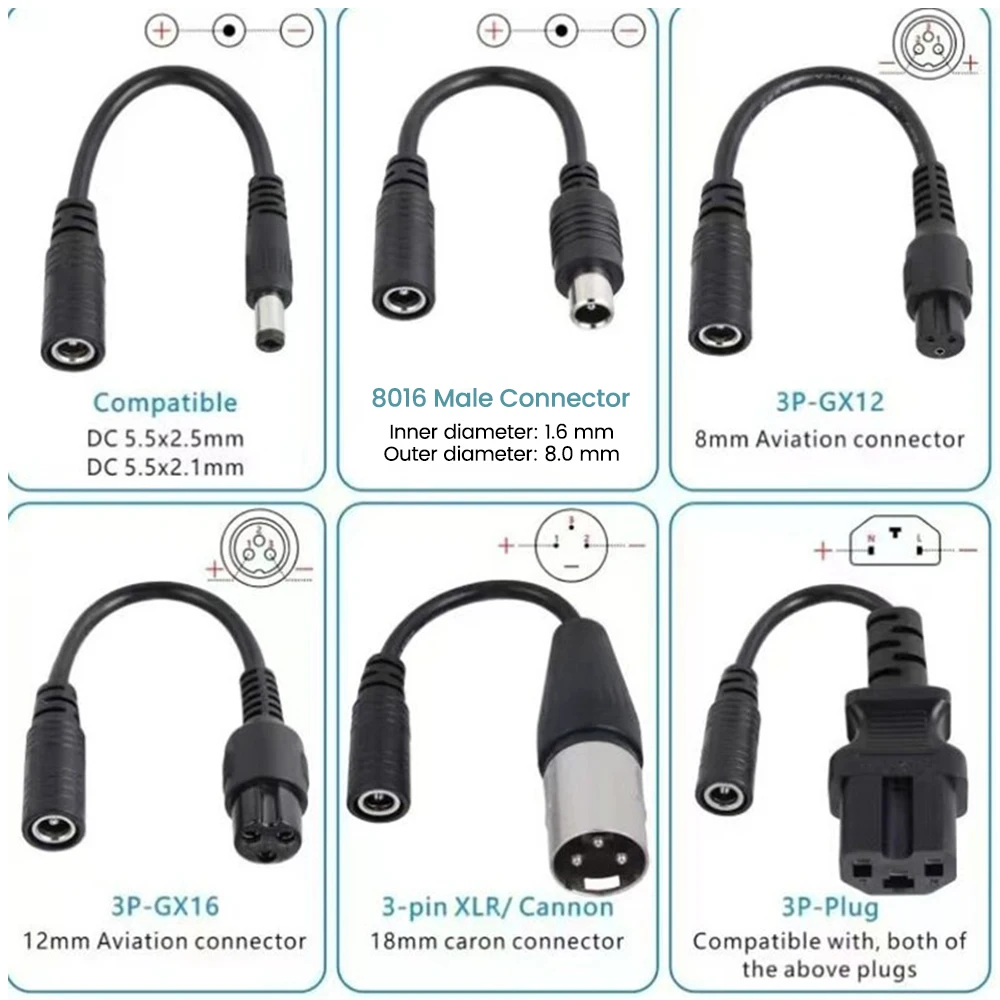 DC 5.5X2.1 To M12 M16 3Pin XLR RCA IEC 3P 8016 5525 Adapter Connector Cable for Scooter Electric Bike Charger Accessories Plug