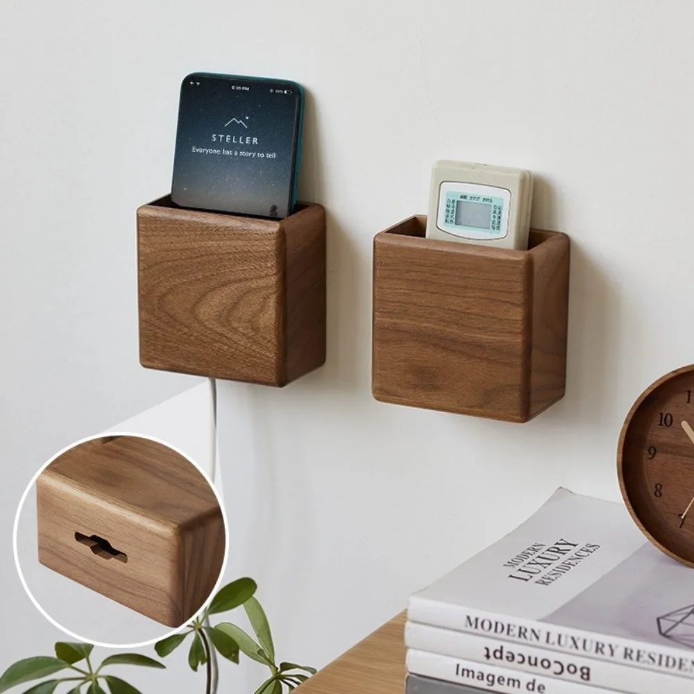 Durable Wall-Mounted Storage Organizer Bamboo Wood Walnut Phone Storage Holder Beech Wood No-Drill Remote Control Holder Office