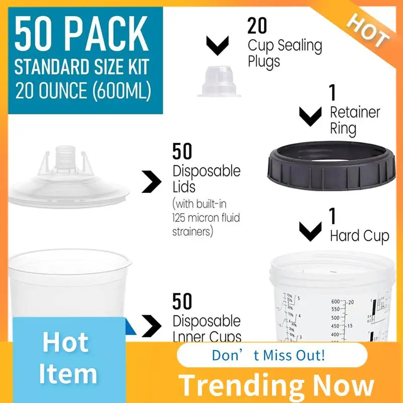 

CMHI-Paint Sprayer Mixing Cup,1.0 System(Not 2.0)-50Pcs 20 Ounce Kit -50 Cup Liners,50 Lids With Strainer,1 Hard Cup,20 Plugs