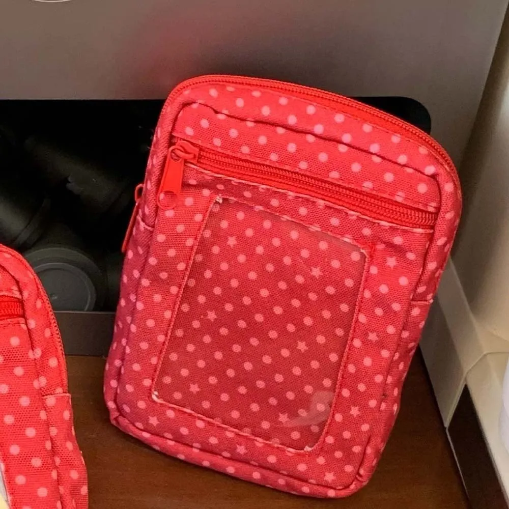 Red Polka Dot Coin Purse Retro Style Zippered Clear Window Pouch Canvas Fabric Lightweight Photo Display Bag Teens