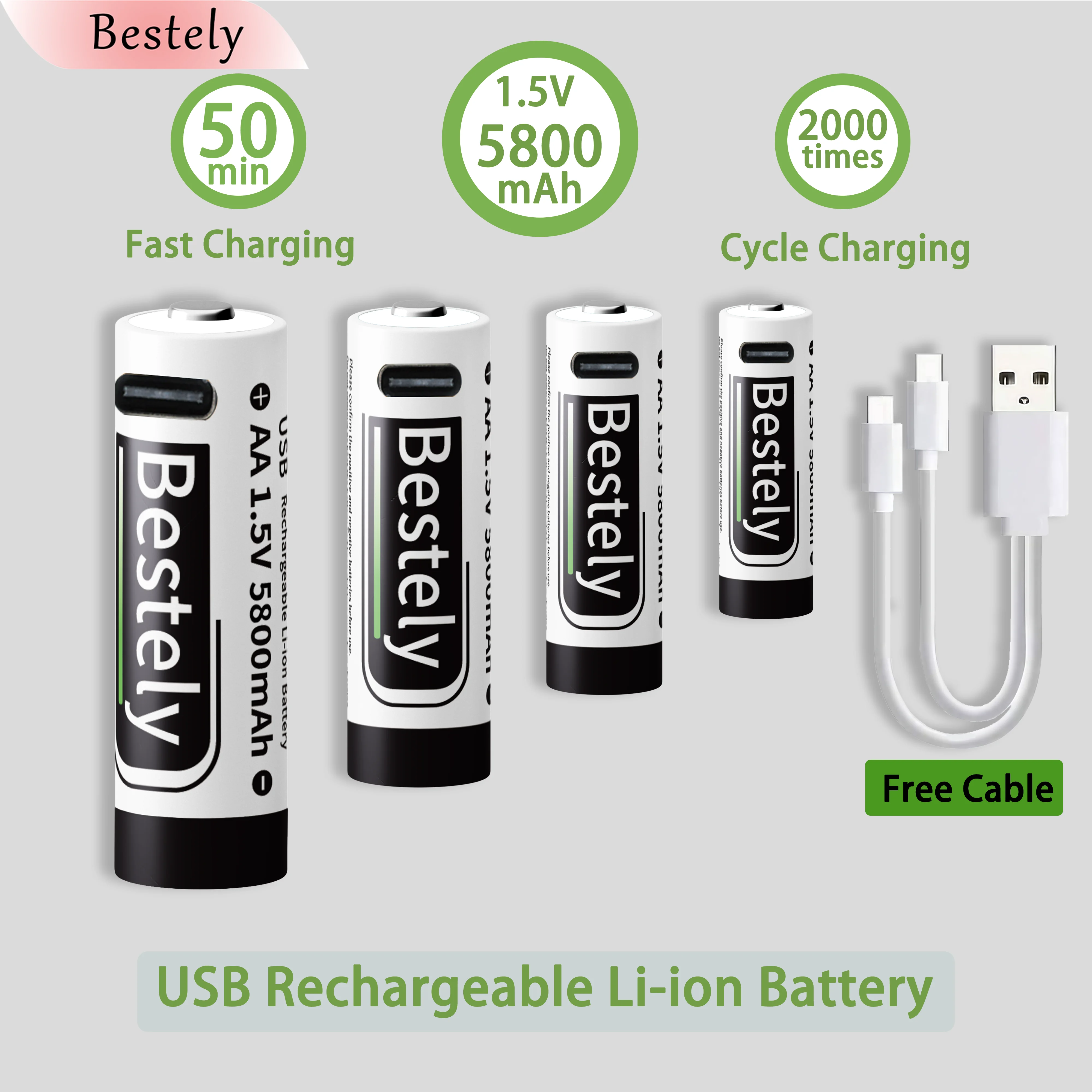 AA Rechargeable Batteries 1.5V 5800mAh Li-ion Battery Long-Lasting High Capacity Lithium Akku,2000 Cycle with free USB-C cables