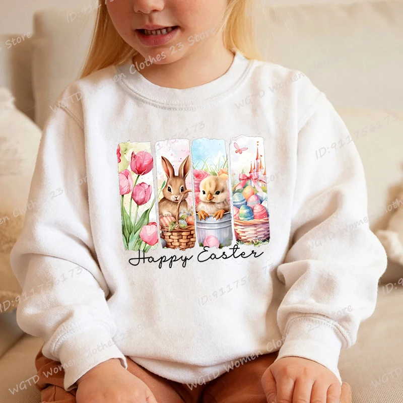 Bunny & Flower Happy Easter Print Sweatshirts For Children Autumn And Winter Casual Sports Girls O Neck Hoodeless Pullovers Tops