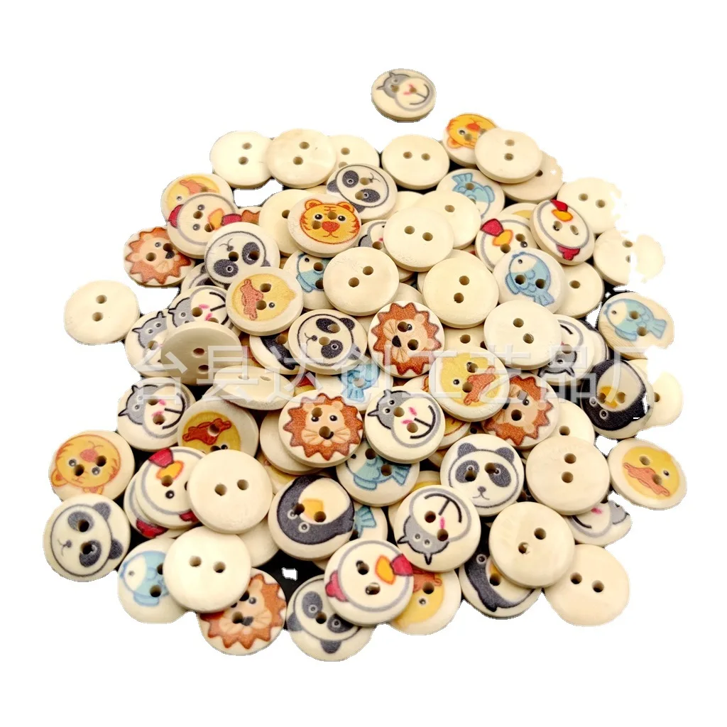 15mm kolorowe drukowane guziki z mieszanych drewna z motywem zwierzęcym DIY materiały do rękodzieła dla dzieci do kolażu 100 sztuk/worek