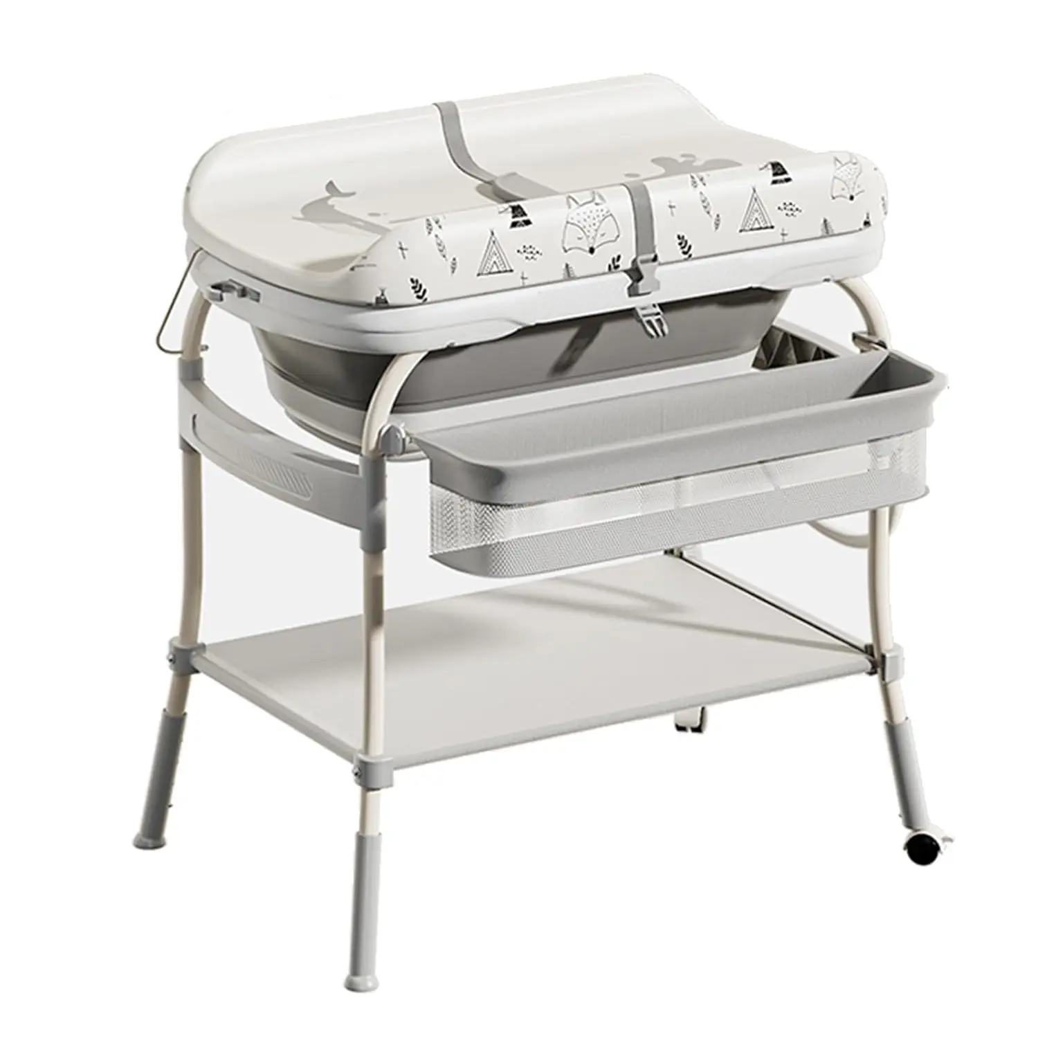 

2-in-1 Baby Bathtub & Changing Table, Adjustable Height Folding Station with Wheels & Storage, Waterproof Pad, Thermometer