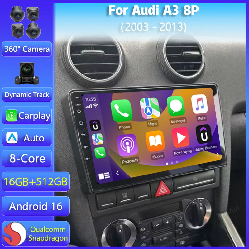 Navegação GPS Android 16 Carplay Auto para Audi A3 8P 2003 - 2013, Rádio Multimídia 2Din, Unidade Principal de Vídeo, Rádio Automotivo Estéreo.