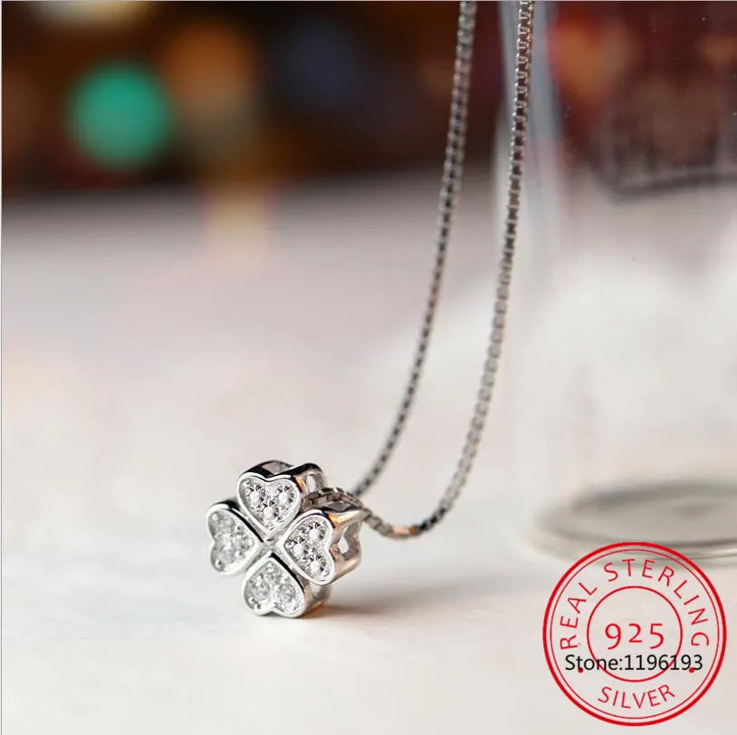 925 Sterling Silver Jewelry Love Clover Necklace & Pendant Rhinestone Fashion Choker Maxi Necklace Women Collares Colar de Prata