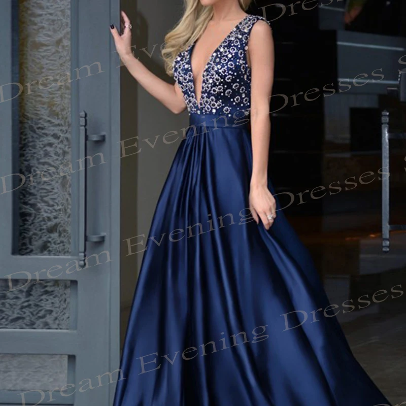 Blue Sequin Crystal Beads Evening Dresses A Line Exquisite Stain Sleeveless Floor Length Prom Gowns Backless For Formal Party