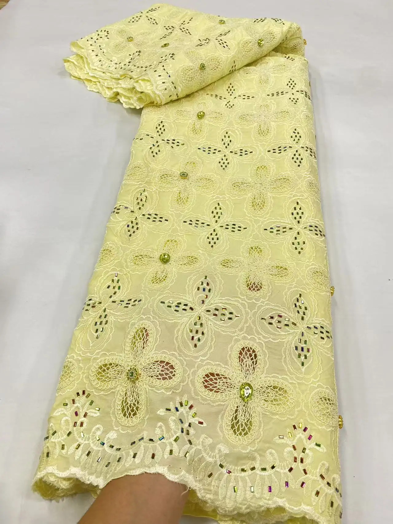 قماش دانتيل أفريقي 5 ياردات جودة عالية 2025 النيجيري الحبل جبر أقمشة الدانتيل قماش الشيفون الأبيض لفستان الزفاف Hm203-1 #4