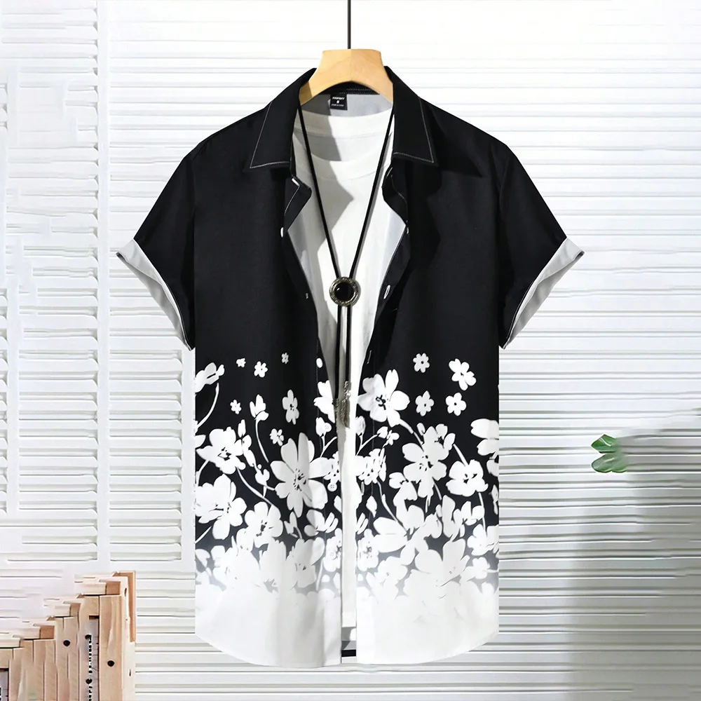 

Gradient Color Flower Print Men's Shirt Hawaiian Holiday Button Down Shirt Beach Shirts Lapel Short Sleeve Beach Shirts Clothing