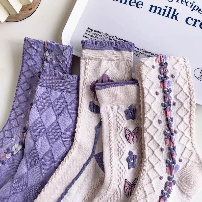 Fashion INS Harajuku Retro Woman Floral Vintage Purple Socks Ethnic Kawaii Cute Cotton Casual Breathable Ladies Girls Funny Sox