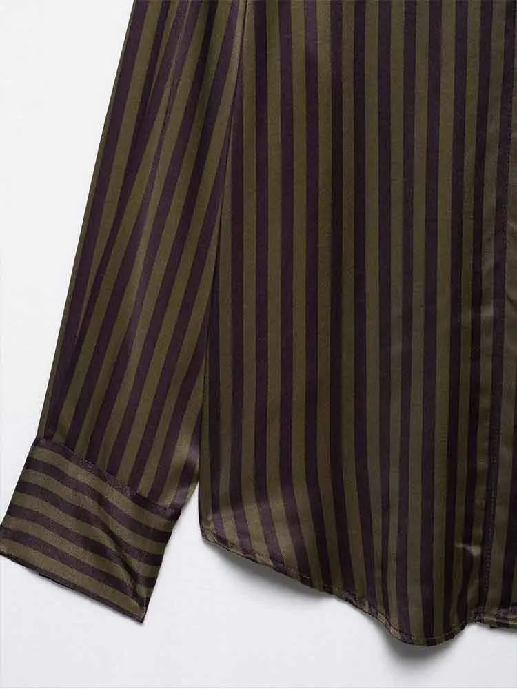 Estilo europeu nova moda feminina versátil simples textura de cetim manga comprida lapela camisa calças listradas terno
