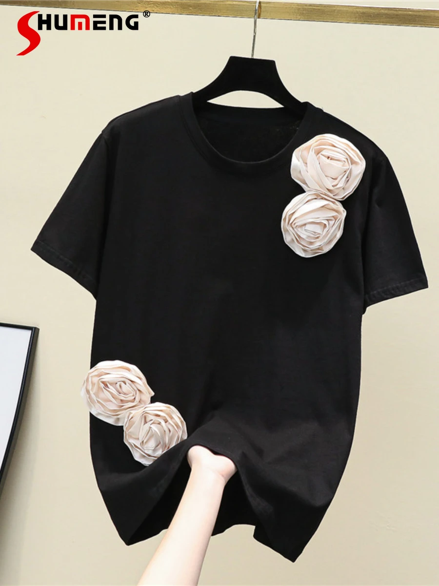 

Feminine Three-Dimensional Flower Cotton T-shirts Women's Short-Sleeve Fashion 2024 Women's Summer High-End Retro Nice Tops