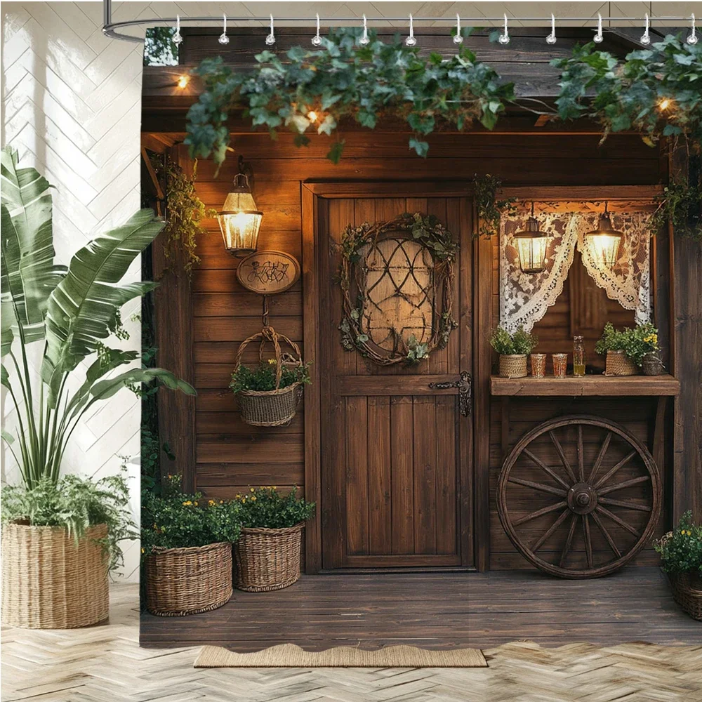 Country retro Wooden house printed fabric shower curtain, Pastoral wood plant pattern bathroom curtain decoration, with hooks