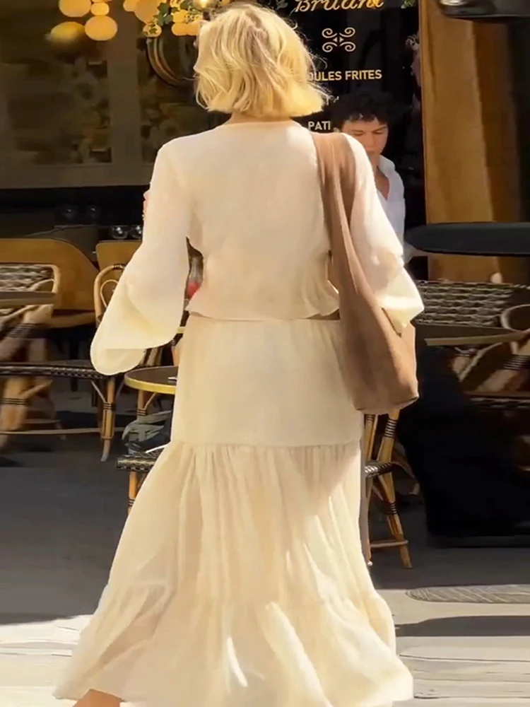 Fantoye-Conjunto de falda de gasa transparente para mujer, retales de encaje, cuello en V, manga acampanada, cárdigan con volantes, falda larga con cordón, traje a juego