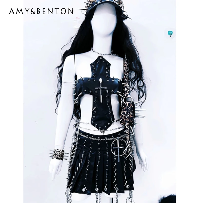

Original Gothic Design Women's Vest Punk Dark Mini Skirt Leopard Print Underarm Bag Hat Stage Performance Fashion Set Ladies