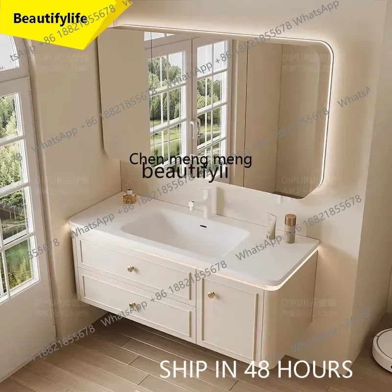 cn8350 ssNew light luxury and atmospheric cream style bathroom cabinet, Corian integrated ceramic basin, oak curved bathroom sin