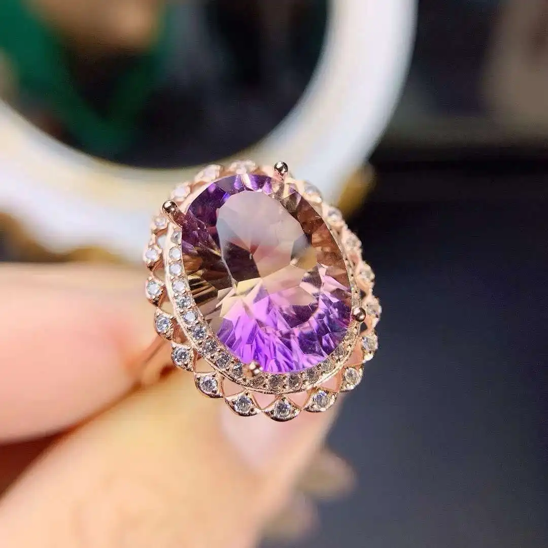 Pure Natural Ametrine Ring Big Stone 10*14mm Top Quality 925 Sterling Silver ring Female Party Jewelry