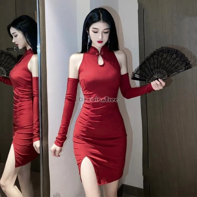 2025 new chinese fashion retro cheongsam dress improved sexy package hip skirt hollow out design slimming short qipao dress w477