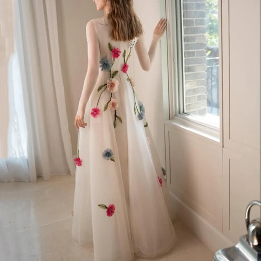 Haute qualité personnalisé 3D fleurs soirée col rond manches longues classique a-ligne longueur de plancher Tulle femmes Occasion robes formelles nouveau