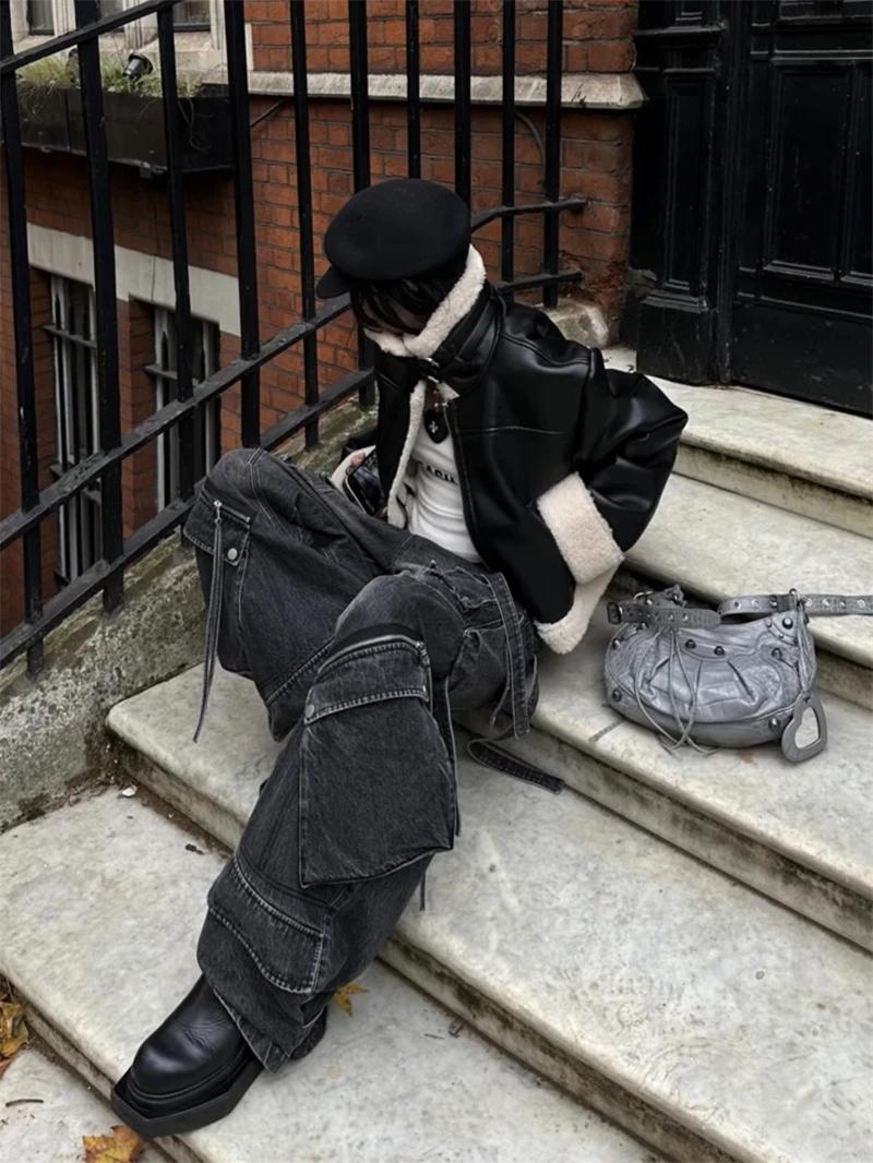 Damen Schwarze Gothic Baggy Cargo Jeans Harajuku Oversize Denim Hose Y2k 90er Jahre Vintage 2000er Emo Jean Hose Trashy Kleidung 2024 – Detail 7
