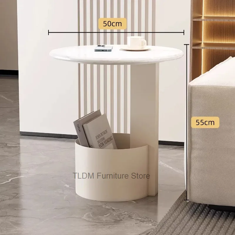 Minimalist Round Marble Top Side Table, Built-in Magazine Storage Basket,Accent End Table for Living Room, Bedroom & Small Space